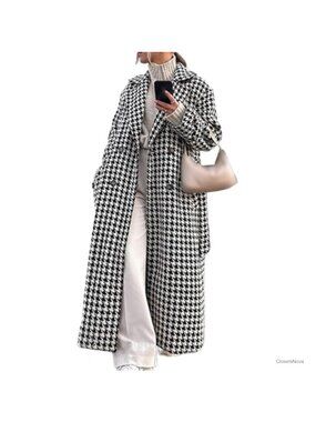 Houndstooth Wool Blend Double Breasted Maxi Trench Coat Belted